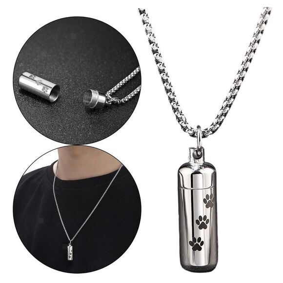 Boutique Jewelry - Pet Memorial Cremation Urn Necklace Paw Print Cylinder Pendant Silver Chain, 22"
